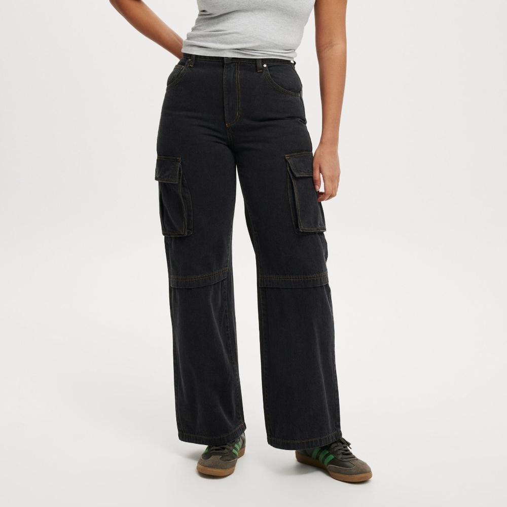 NWT Cotton On - Curvy Cargo Wide Jean - Smokey Black Color - NO WAIST GAP